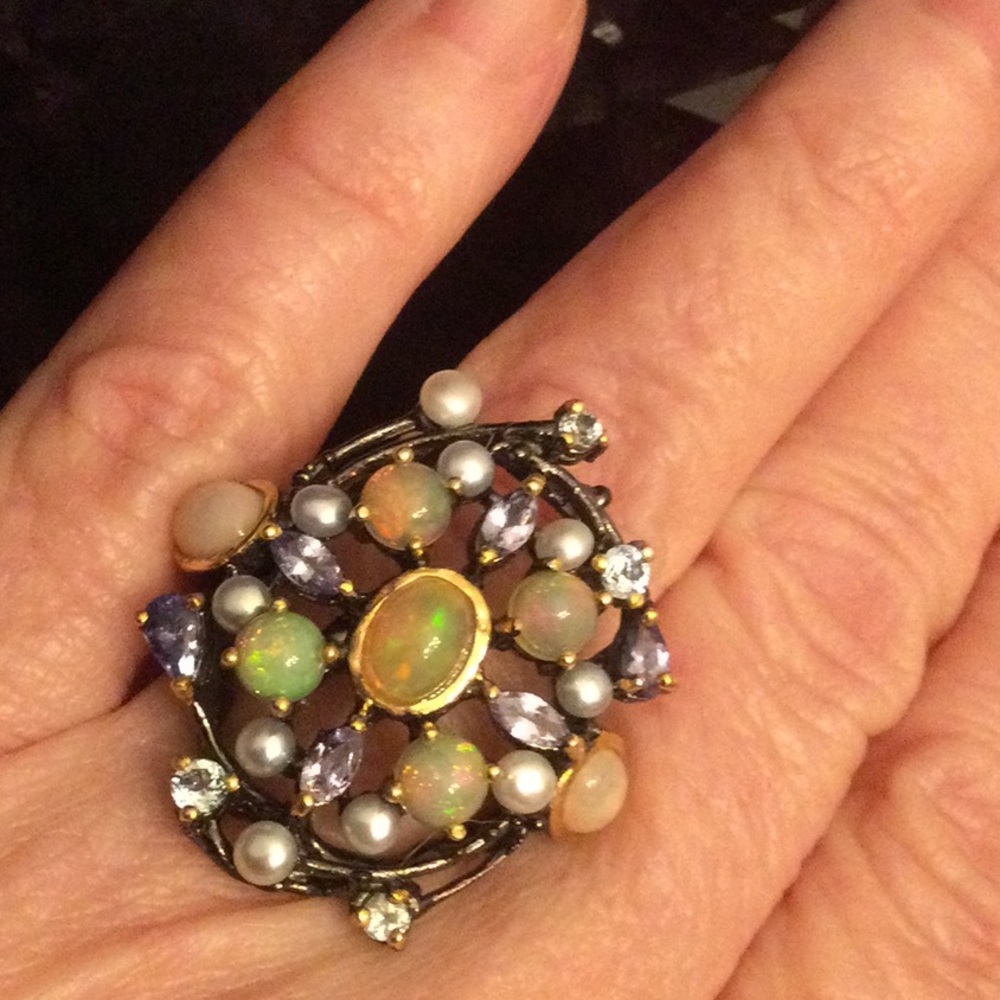 Genuine Natural Opals, Tanzanite & Pearls Ring - Picture 10 of 15